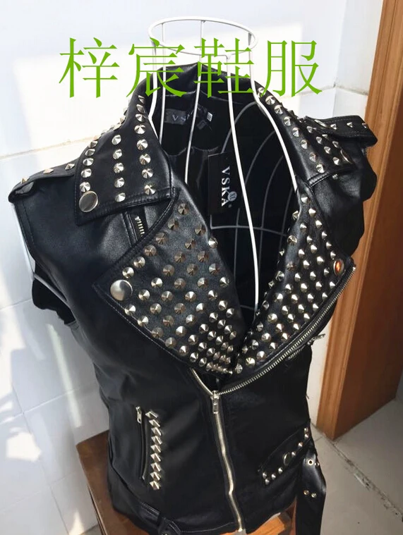 Fashion Rivet Leather Costume Slim Punk Rivet Motorcycle Clothing Leather Vest Bar Performance Men's Stage Singer Costumes