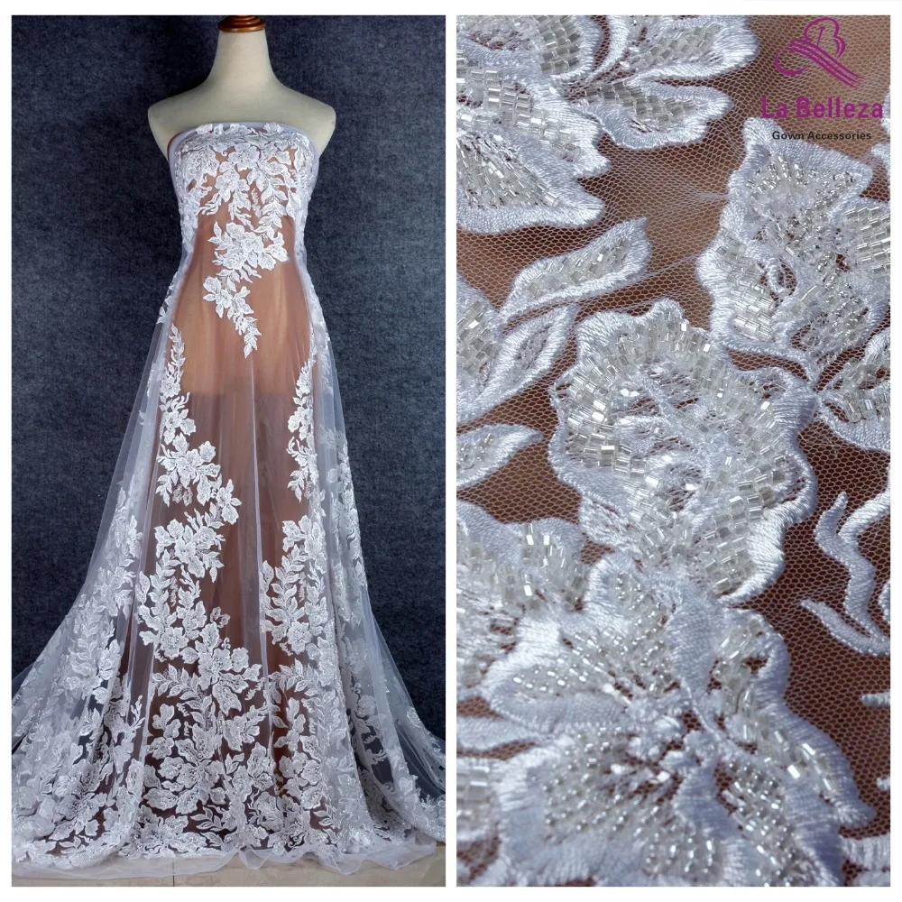 La Belleza 2019 New heavy beaded lace fabric PURE WHITE beaded wedding dress lace fabric 1 yard