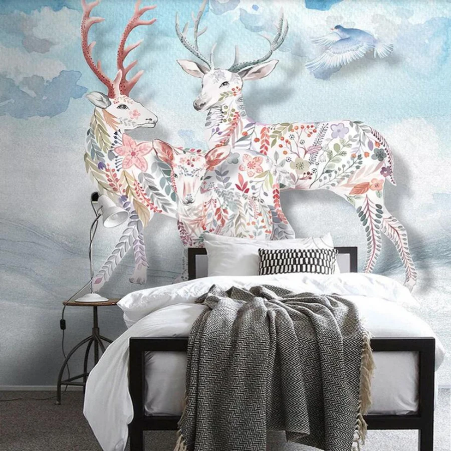 

Decorative wallpaper Modern fashion hand drawn elk flying bird background wall