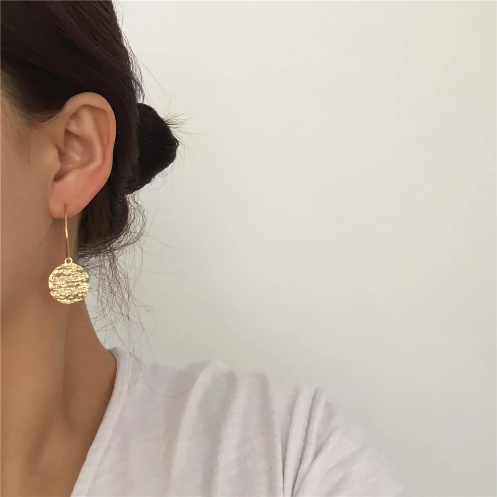 Urban Casual Earrings Gold Color Hammered Disc Rough Sculpture Hoop Earring For Women Vintage Style