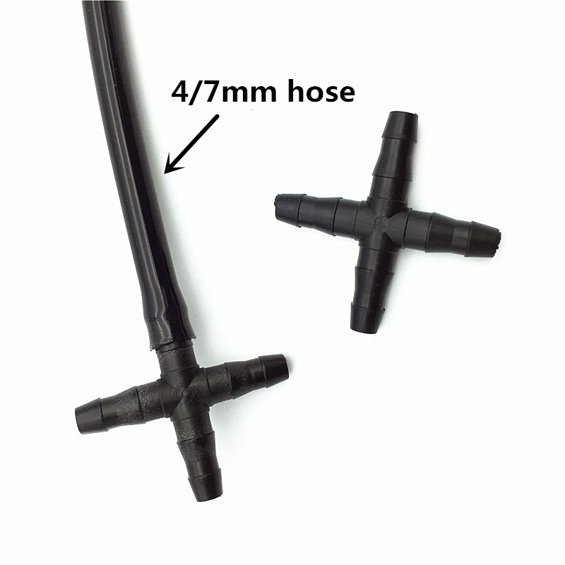 1/4 Inch 4-Way Connector Black Cross Connect 4 / 7mm Hose Suitable for Garden Irrigation Water Quick Coupling 50 Pcs