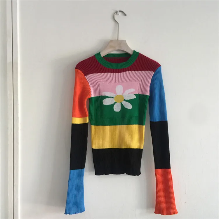 Sun Flower Knitted Sweater Autumn Winter Rainbow Color Stripe Cropped Sweater Blusas De Inverno Feminina Vintage Pullover Jumper