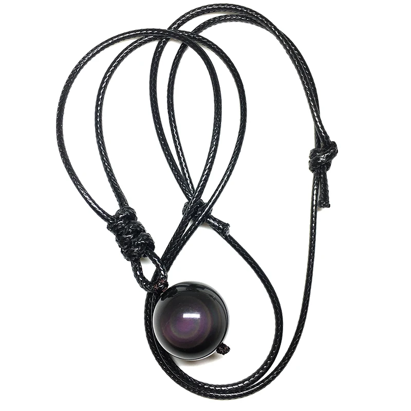 Natural Obsidian Rainbow Eye Round Bead Pendants Necklaces 8-18mm Trendy Jewelry Pendant With Leather Lucky Chain For Men Women