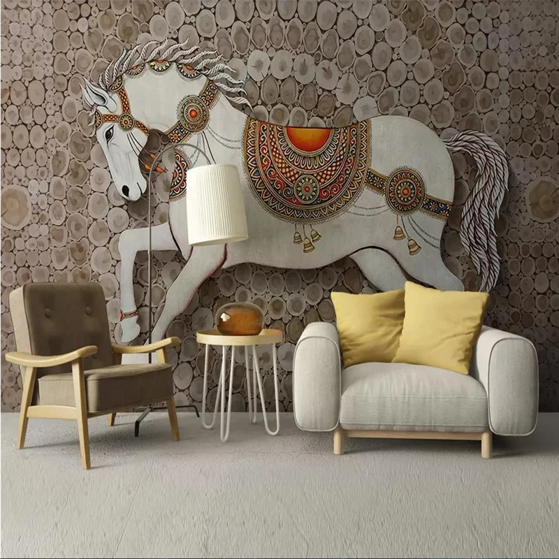 Custom Wallpaper Mural Noble Horse Wood Grain Tv Sofa Background Wall