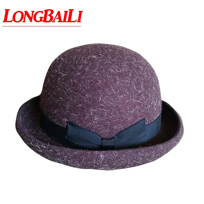 Winter Women Brown Wool Felt Bowler hats Female Chapeau Fedoras Feminino Free Shipping PWSX015