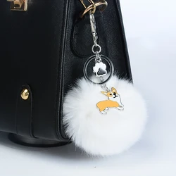 Fashion Cute  Welsh Corgi Fur Pompom Key Chain Dog Pendant Keychain Bag Charm Car Key Ring gift Jewelry