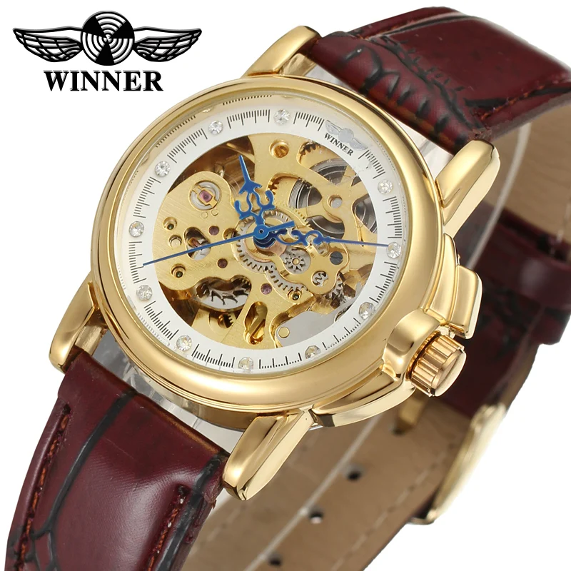 Fashion Winner Top Automatic Mechanics Clock Women Top Brand Design With Luxury Gold Color Dial Leather Watches Relojes Mujer