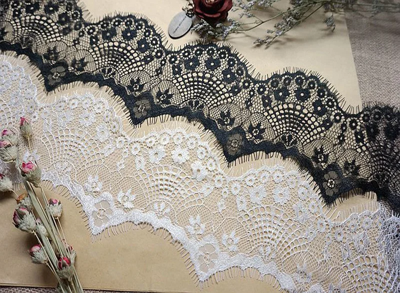 Embroidered Lace Ribbon, Lace Trim, Eyelash Lace, White, Black, Mesh, Sewing Accessories, 9cm Width, 6m Lot