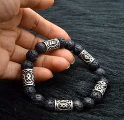 Viking Runes Jewelry Vintage Amulet Lava Stone Bracelet For Men Women Accessories Runas Vikingas Bangle with 5 rune beads