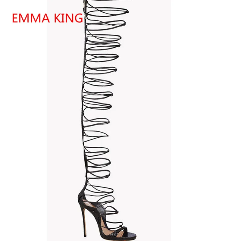 Emma King Summer Women Cross-Ties Thigh High Boots Open Toe Cut Out Sexy Women High Heels Shoes Runway Ladies Gladiator Sandals