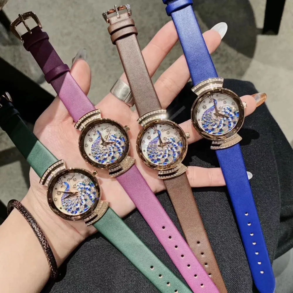 Noble Elegant Women Peacock Watches Enamel Vintage Party Statement Watch Handmade Painting Crystals Wrist watch Leather Montre