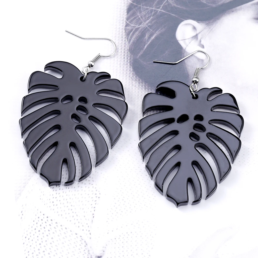 VIVILADY Trendy Monstera Leaf  Drop Dangle Earrings Women Black Acrylic Statement Tropical Plant Jewelry Brinco Bijoux Gifts