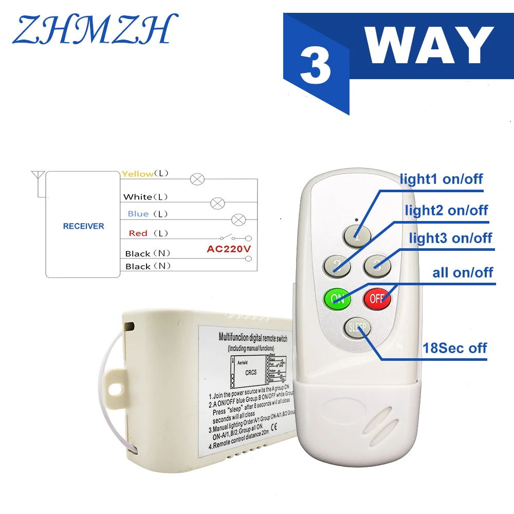 AC200V-240V Multifunction Digital Lamps Wireless Remote Control Switch 4 Way 5 Sections Receiver Transmitter For Ceiling Light