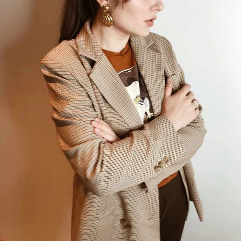 Bgteever jaqueta clássica xadrez dupla, blazer feminino com gola entalhada, blusa de frio para mulheres