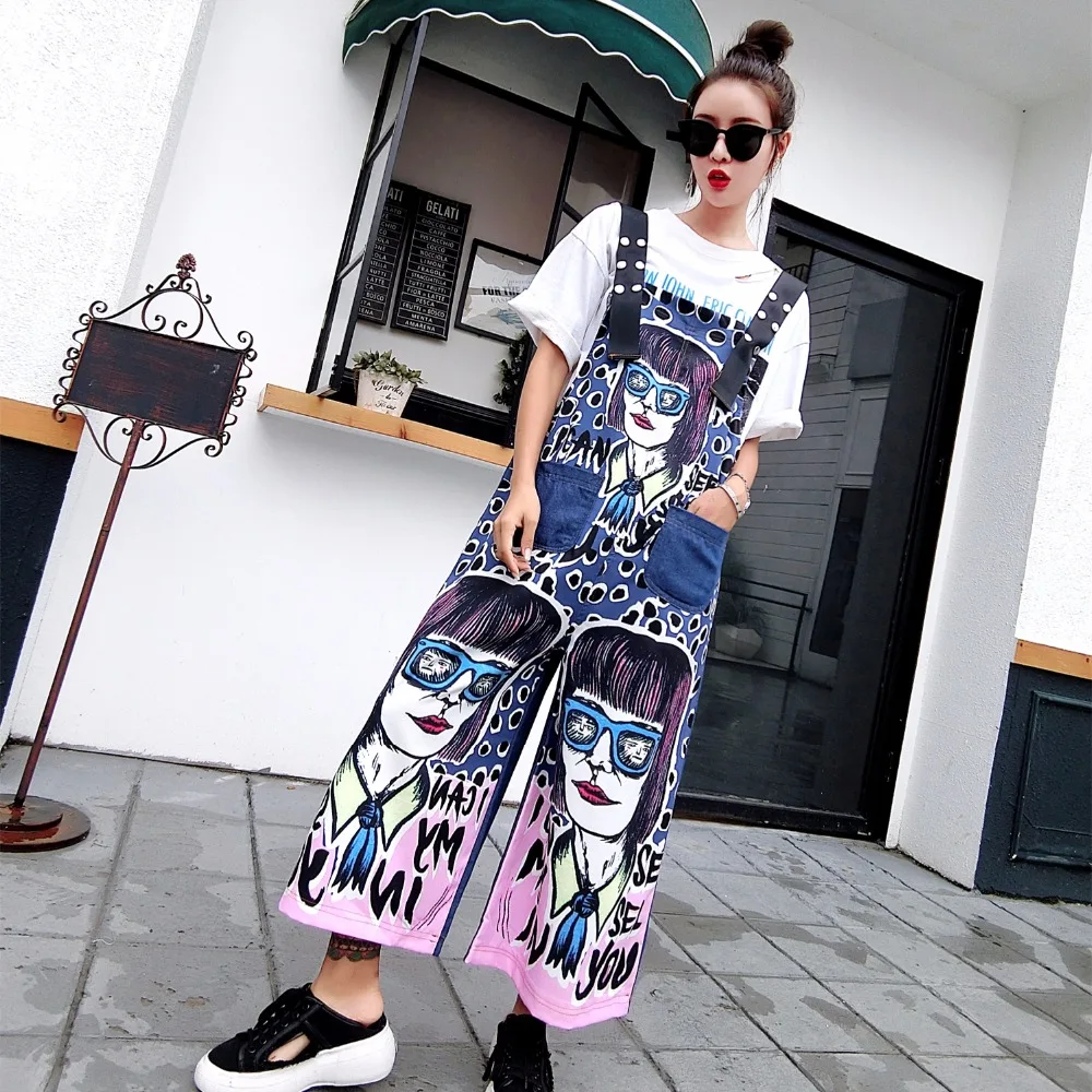 MUMUZI Summer New Print Cute Cartoon Denim Overalls Dot Printing Wide Leg Jean Pants Trousers Rompers Overall For Women Fashion