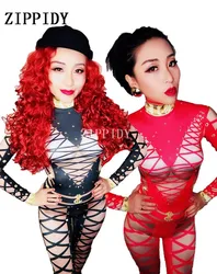 Moda Preto Vermelho Sexy Bandagem Impresso Macacão Cantora Dancer Costume Estiramento Bodysuit Desgaste da Dança Desempenho