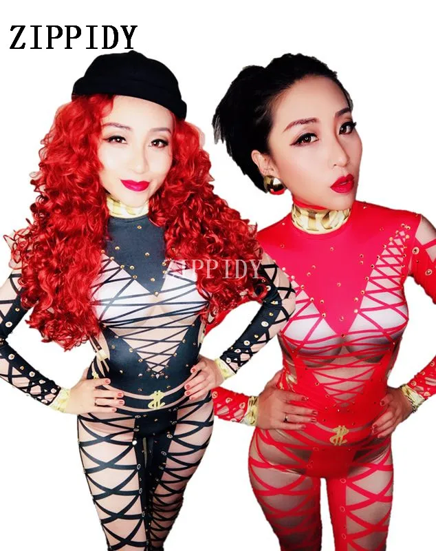 Fashion Black Red Sexy Bandage Printed Jumpsuit Female Singer Dancer Costume  Stretch Bodysuit  Performance Dance Wear