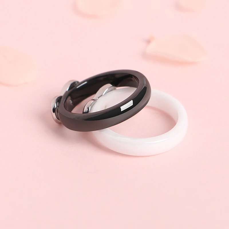 925 Elegant Rings Women 4mm Black White Ceramic Ring India Stone Crystal Infinity Comfort Wedding Rings Engagement Brand Jewelry