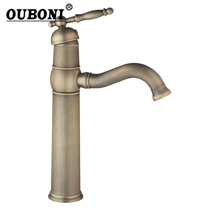 

OUBONI Plated Antique Brass Stream Swivel Rotated Spout Tall Bathroom Water Tap Kitchen Bath Wash Basin Faucet Sink Mixer Tap