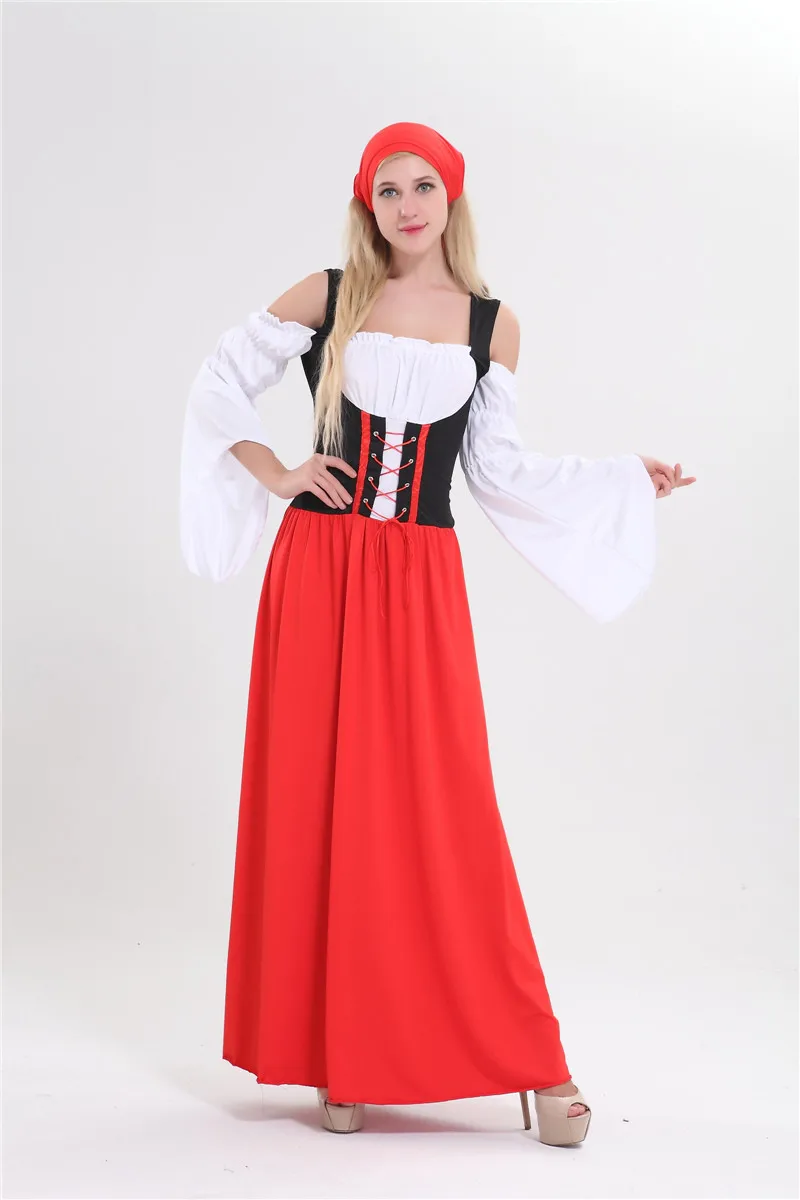 Fashion Oktoberfest Beer Girl Costume Maid Wench Germany Bavarian Long Sleeve Fancy Dress Dirndl For Adult Women