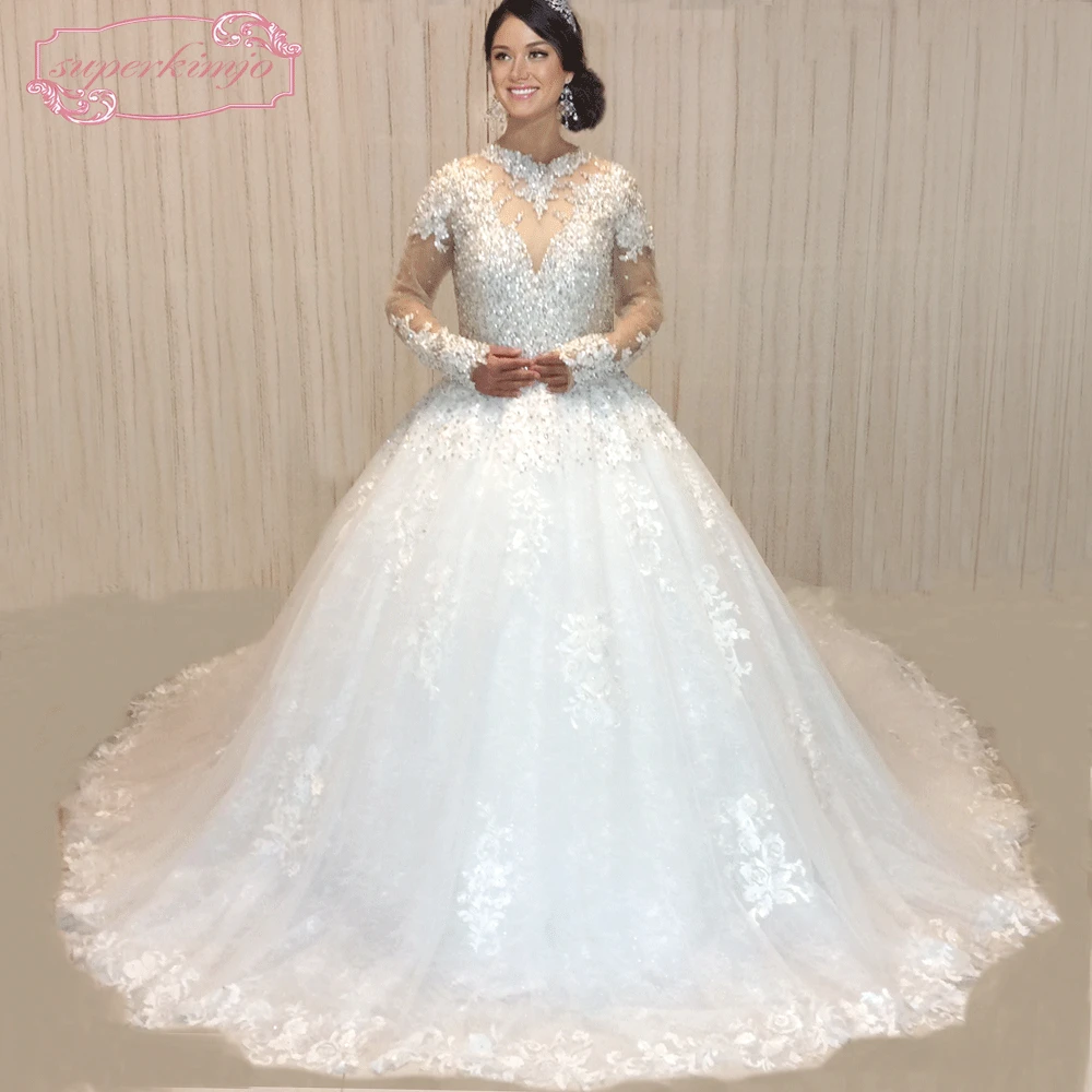 

SuperKimJo Vestido De Noiva 2018 Real Photo Crystals Wedding Dresses Luxury Long Sleeve Sparkly Rhinestones Wedding Ball Gown