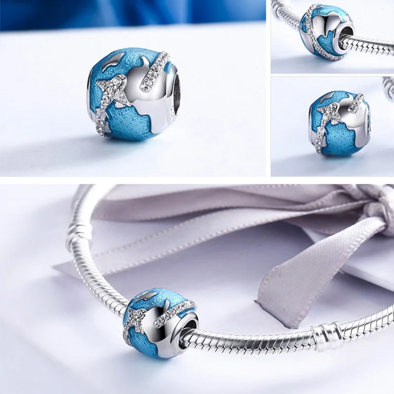 Wostu Reizen Rond Wereld Bedels 100% 925 Sterling Zilveren Vliegtuig Blauw Kralen Fit Originele Armband Hanger Diy Ketting Sieraden