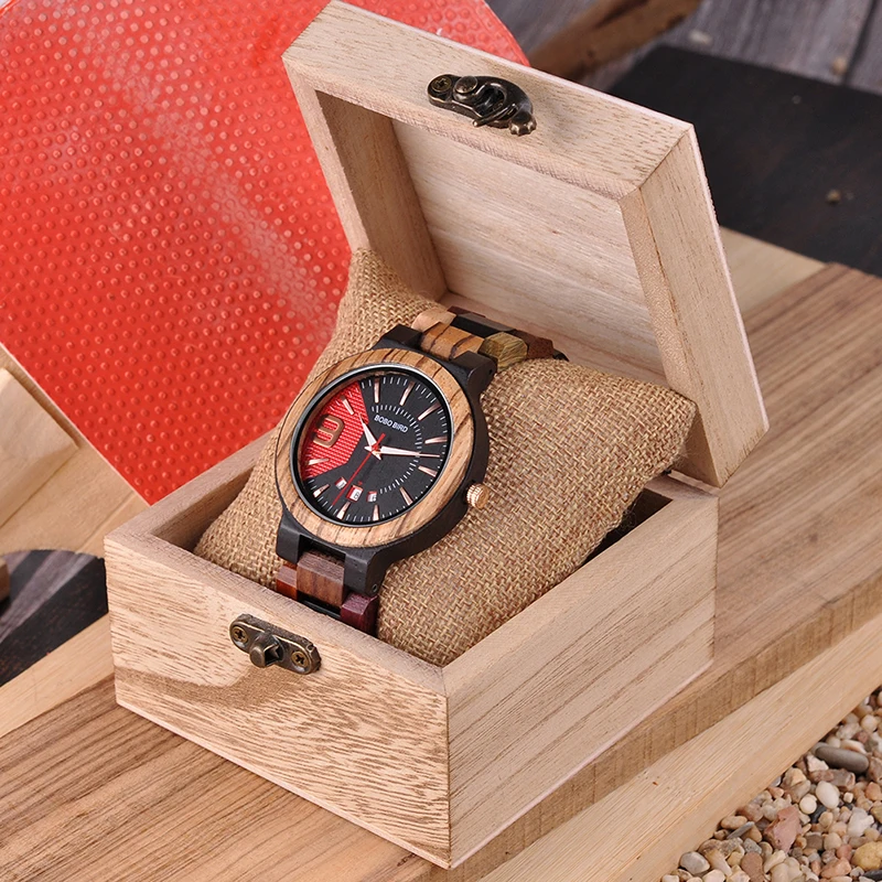 Relogio Masculino BOBO BIRD Men Watch Wood Timepiece Auto Date Colorful Band Military Wristwatch Gift Wooden Box To Father