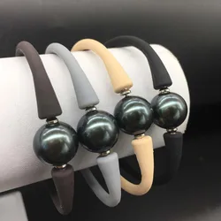 Round Big Tahiti Black Sea Shell Pearl  One Pearl Bracelet Unisex Silicon Rubber Stainless Steel Post Adjustable More Color