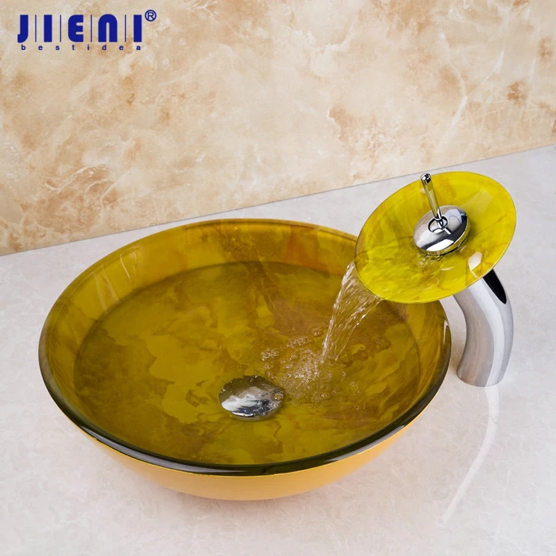 JIENI Yellow Washbasin Counter Glass Sinks Faucet Sink Set Hand Painting Artistic Basin Sink Waterfall Water Mixer Tap Faucet