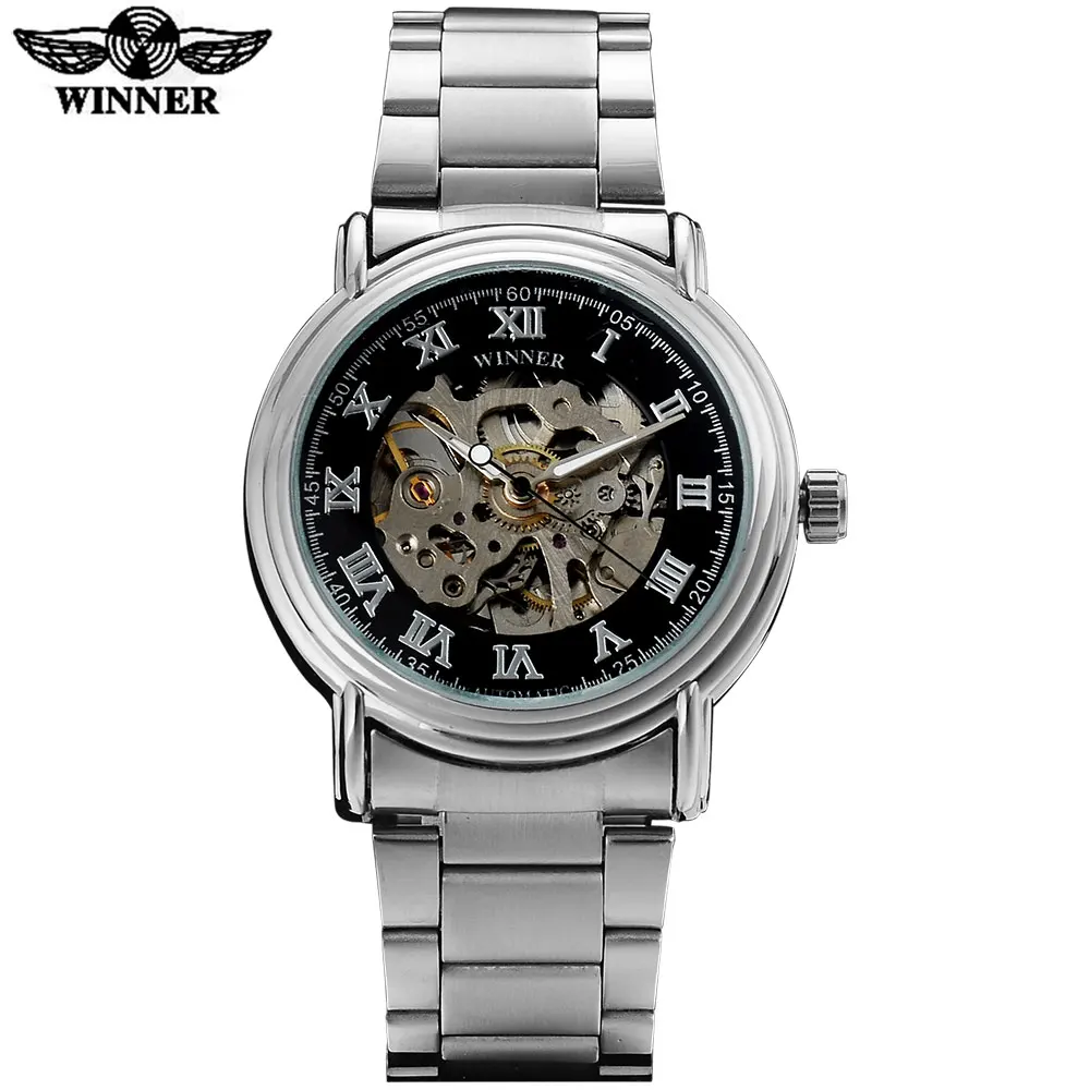 

WINNER fashion casual men mechanical watches china hot brand skeleton men wristwatches silver stainless steel band reloj hombre