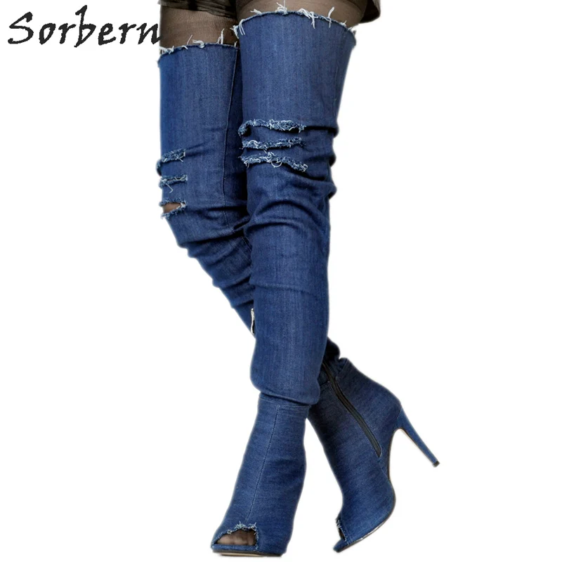 

Sorbern Blue Jeans Peep Toe Over The Knee Boots For Women Platform Shoes Fetish High Heels Booties Prova Perfetto Cn Size 34-47