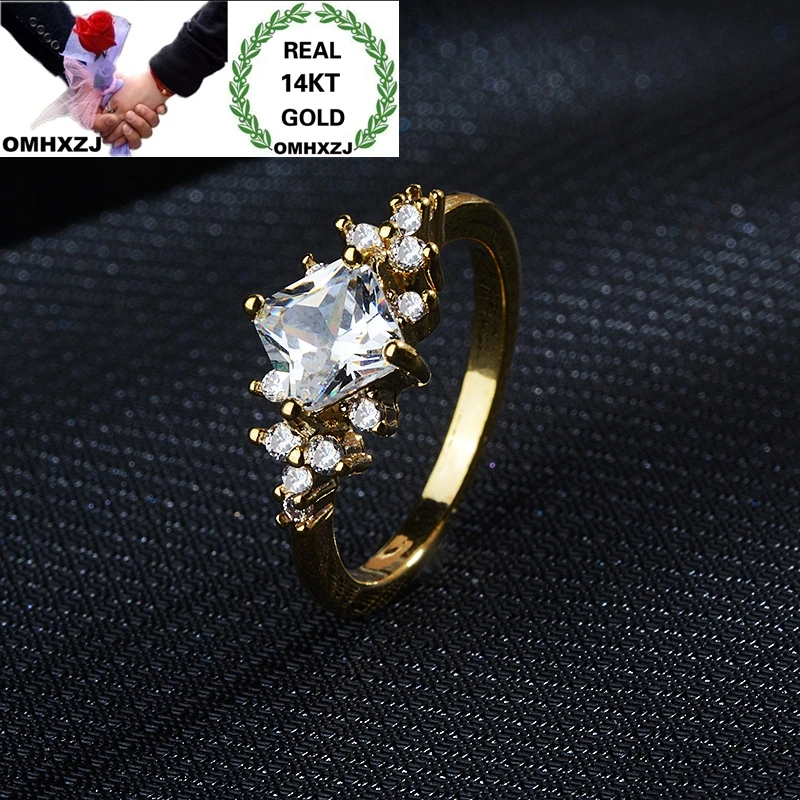 

OMHXZJ Wholesale European Fashion Hot Woman Girl Party Birthday Wedding Gift Shiny Square White AAA Zircon 14KT Gold Ring RR1005