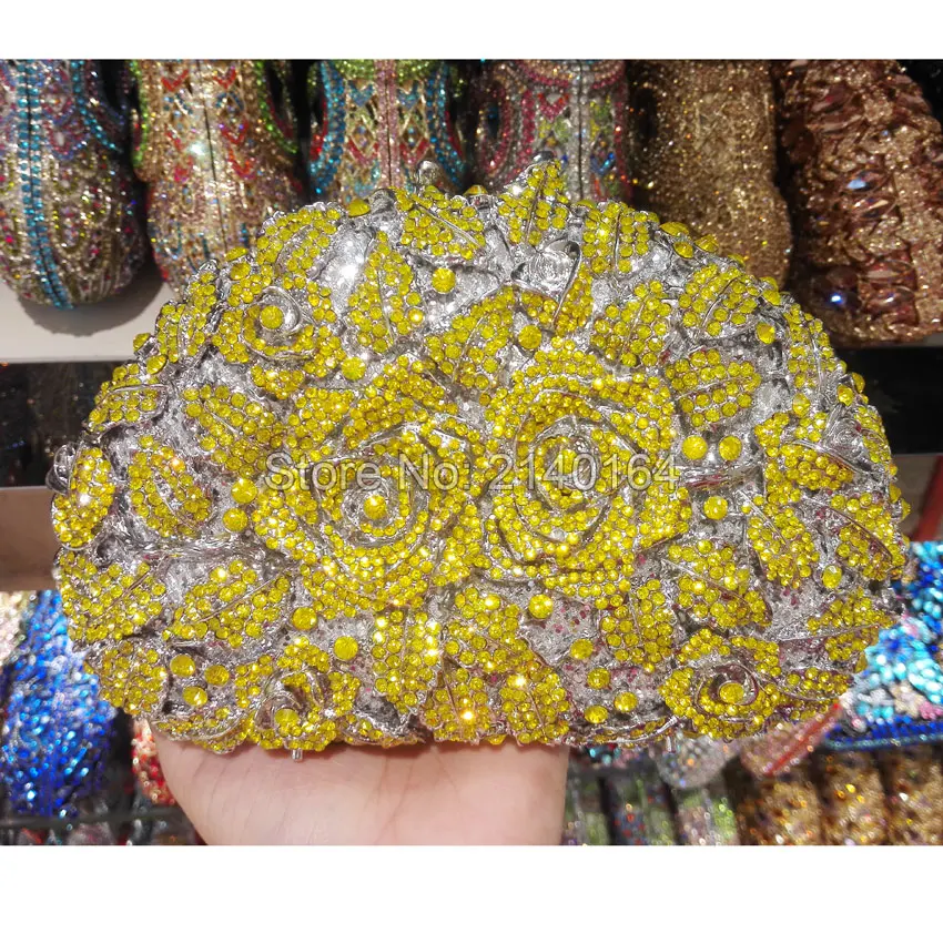 

Wedding Bridal Handbag Clutches Bag Flower Hollow Out Champagne Crystal Rhinestone yellow Rose Evening Clutch Bag(88303-K)