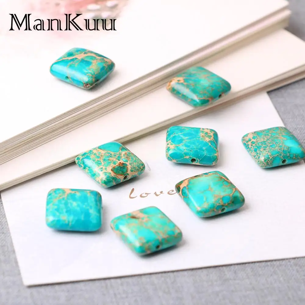 Mankuu 16mm Flat Square Sea Sediment Jaspers Beads Sea Blue Pattern Natural Stone Beads For Jewelry Making Loose Beads 5pcs/Lot