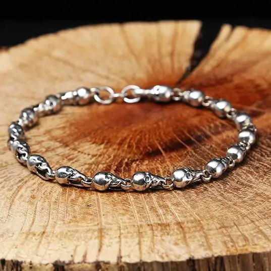 100% 925 Silver Skull Bracelet Vintage Sterling Silver Skeleton Chain Bracelet Real Pure Silver Skull Bracelet Jewelry Gift