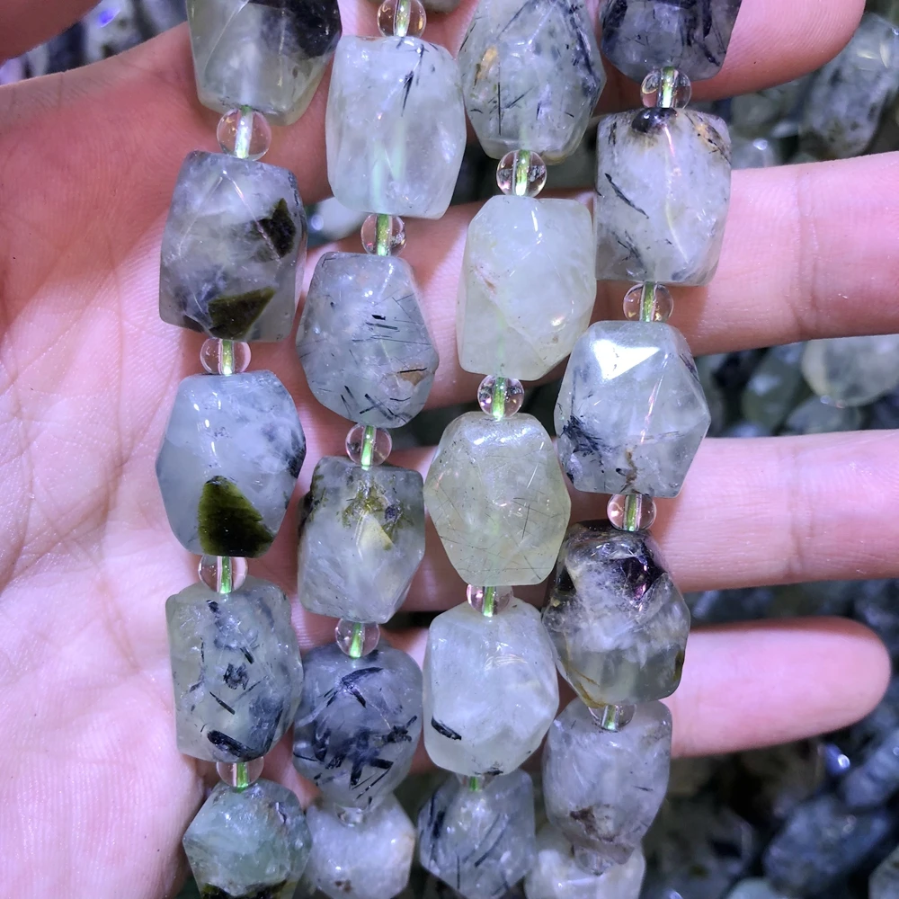 Wholesale 2strings Natural Green Prehnit e Gem Stone Faceted Nugget Beads,Genuine Gem Jewelry Making Beads,15.5