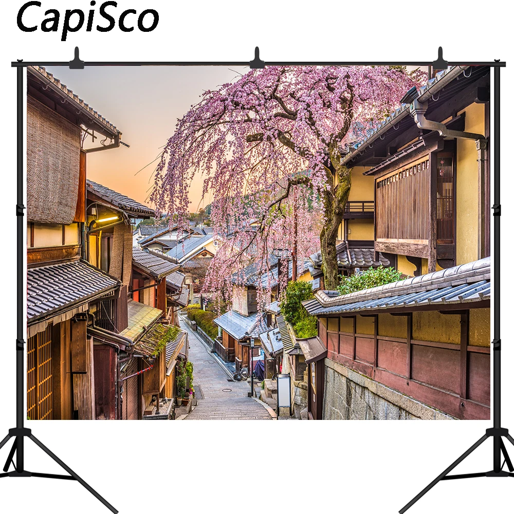 

Capisco Ancient Town Buildings Street sakura Scenic Photography Backgrounds Customized Photographic Backdrops For Photo Studio