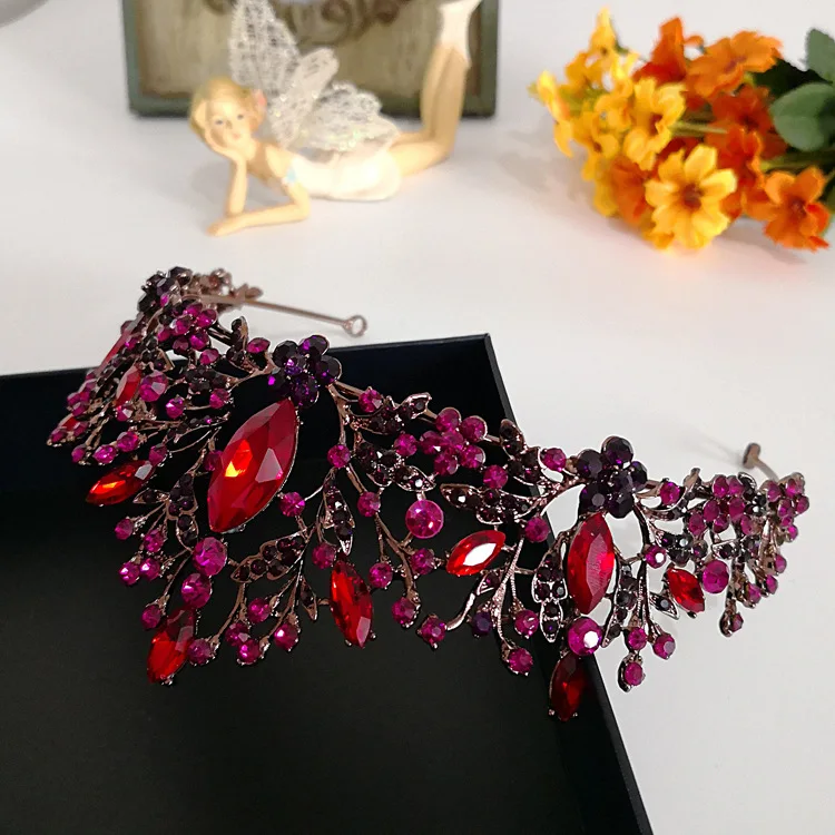 Baroque Handmade Elegant Crystal Hair Crown Tiara Red Princess Rhinestone Hair Ornaments Hairband Prom Bride Wedding Accessories