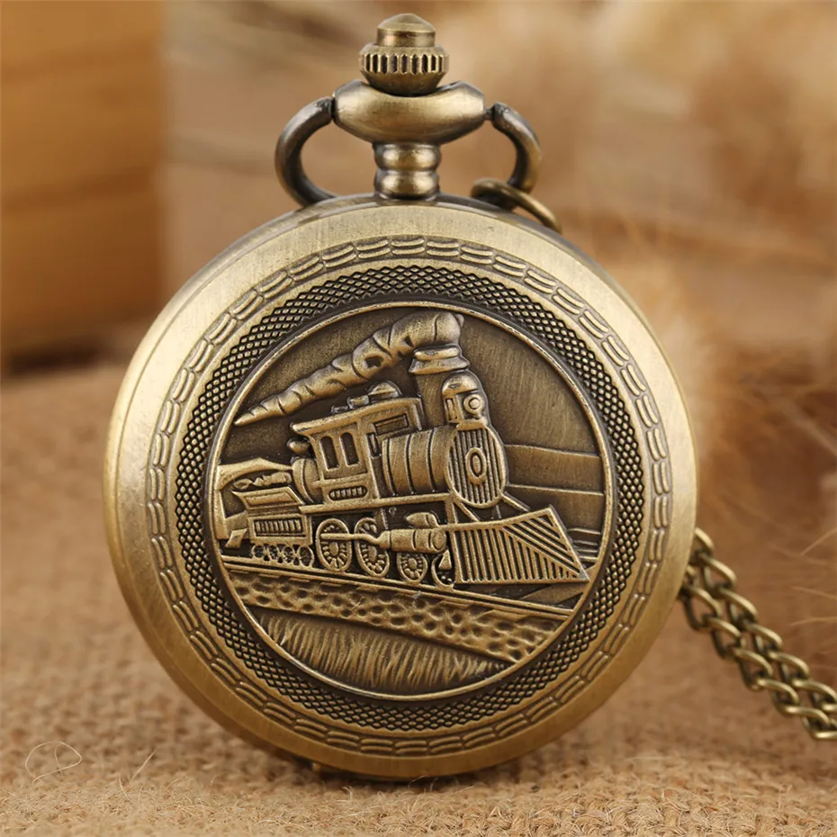 Classic Old Fashioned Steampunk Train Design Quartz Pocket Watch Pendant Fob Chain Bronze Necklace Clock for Men Women Kids