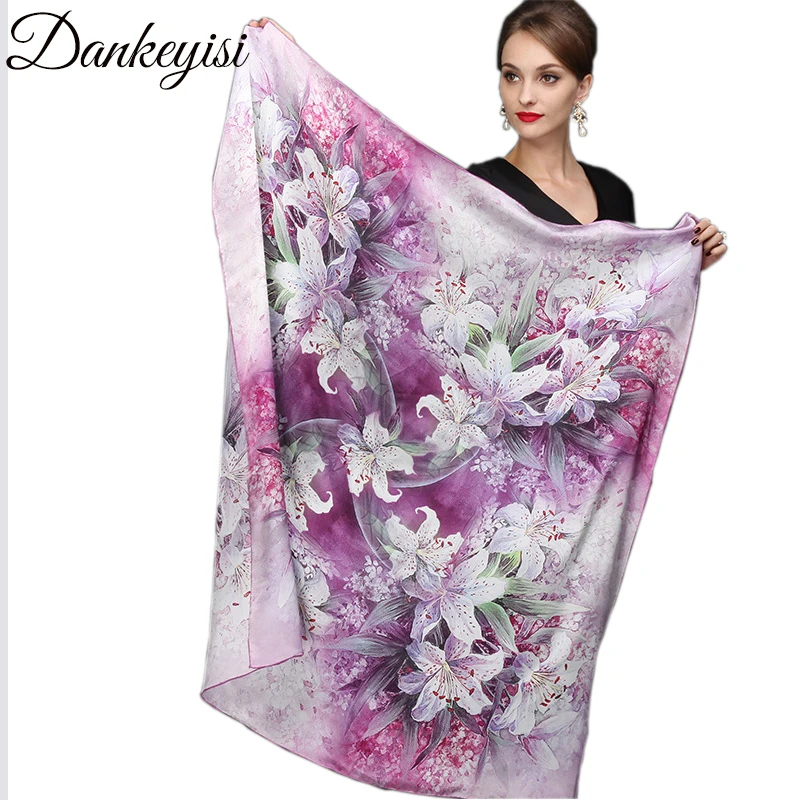 DANKEYISI 110*110cm 100% Silk Big Square Silk Scarves Fashion Floral Printed Shawl Sale Women Genuine Natural Silk Scarf Shawl