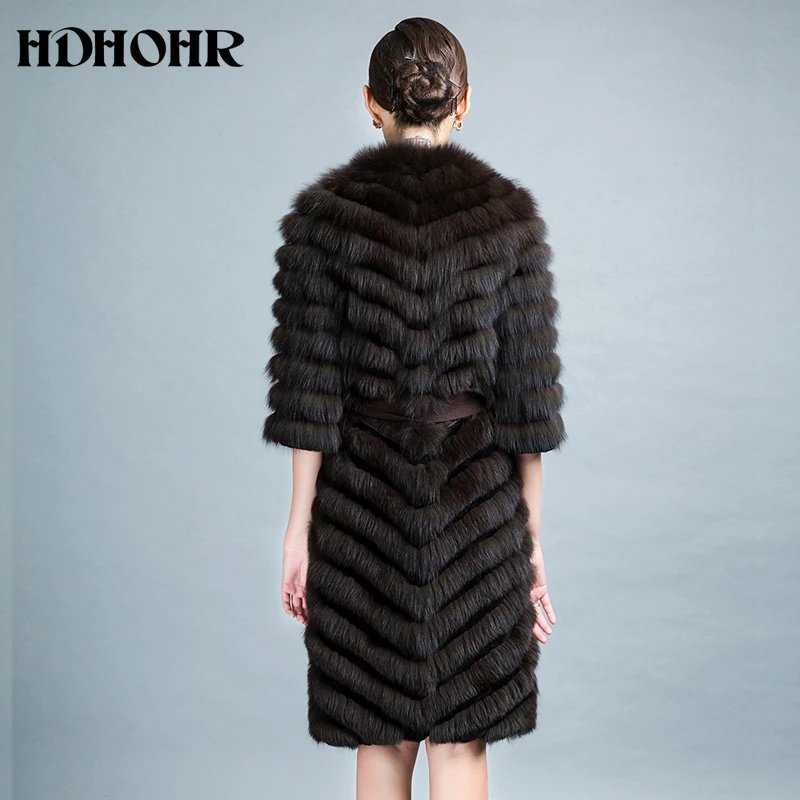 HDHOHR-abrigo largo de piel de zorro para mujer, chaqueta Natural de alta calidad con cinturón, prendas de vestir de lujo, 2024, 100%