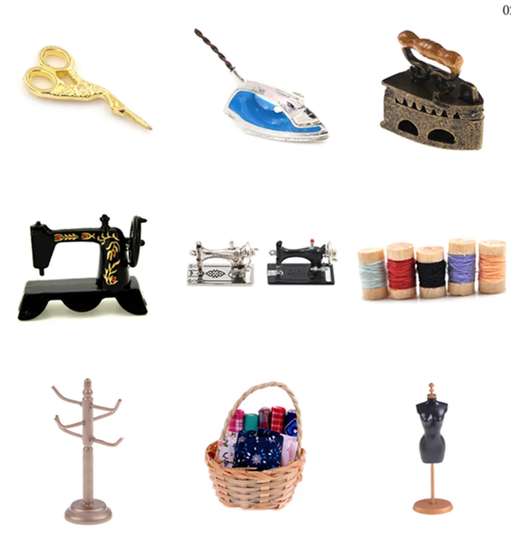 Cute 1/12 scale Dollhouse Miniature Sewing Tools Sewing Machine Wooden Ribbon Scissors Rack Shelf Clothes Furniture Toys