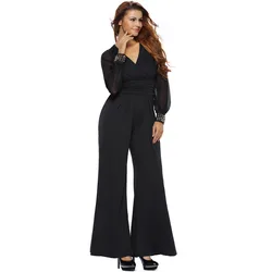 Women's V-neck slim waist loose chiffon jumpsuit sleeves rivets black trousers