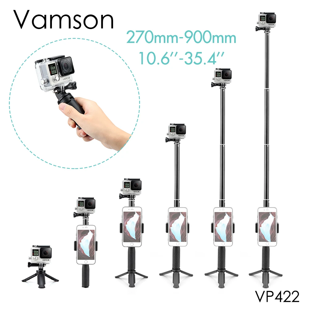 Vamson for Gopro Hero 12 11 10 9 7 6 5 Tripod Monopod Adjustable Selfie Stick for Phone for Insta360 Xiaomi Yi SJCAM Accessories