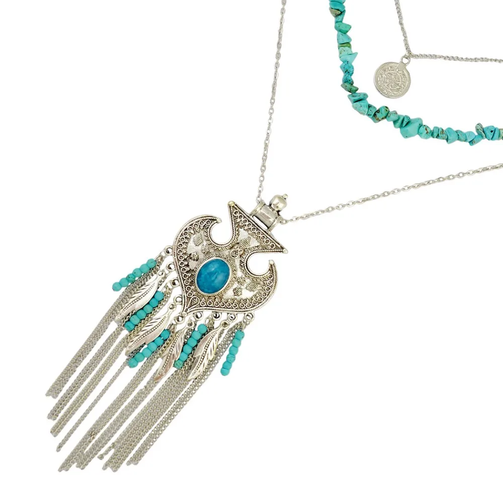 Gypsy Multilayers Blue Beads Statement Necklaces for Women Boho Geometric Long Coin Tassel Necklace Turkish Jewelry