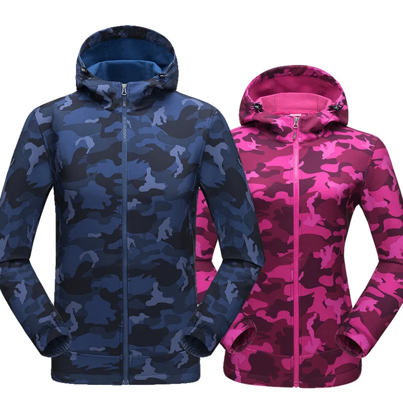 

Tectop outdoor men women hooded Soft shell jackets Autumn Winter Plus velvet thick windproof waterproof Camo Fleece hiking coats