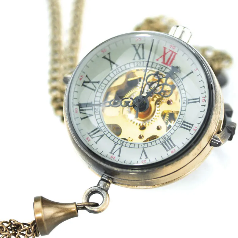 Steampunk Transparent Glass Ball Cơ Pendant Pocket Watch Chain New Mens P100