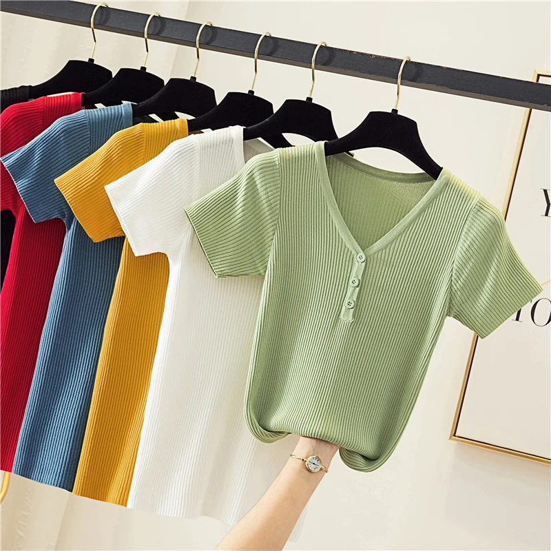 

High Elasticity New Summer Ribbed Women T Shirt Fashion Button Girls Knitted Short Sleeves Tees Top V-Neck Female Casual T-shirt