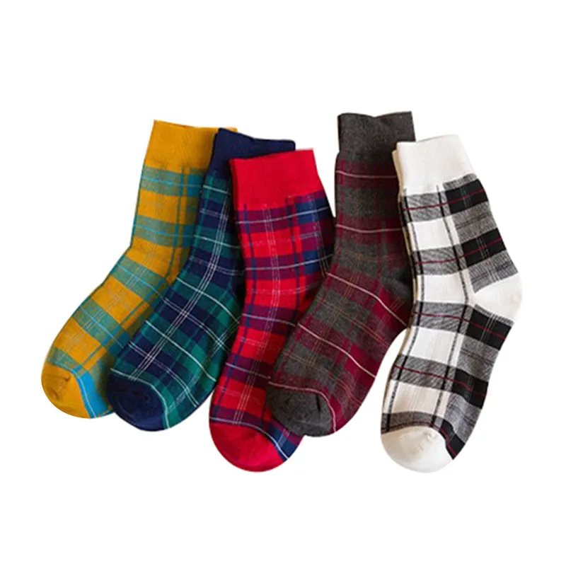 

5Pair Women Sock Cute Japan South Korea Wind Sen Department Retro British Lattice Cotton Male Socks Generous Square Couples Sock