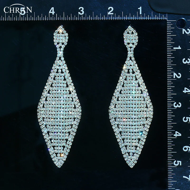 CHRAN Fashion  Exaggerated Unique Design Silver Plated Square Rhinestone Chandelier Dangle Crystal Long Earrings for Women